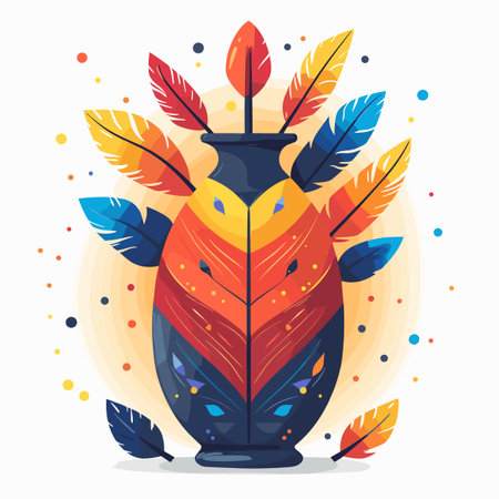 Colorful Indian vase with feathers. Vector illustration in flat styleのイラスト素材