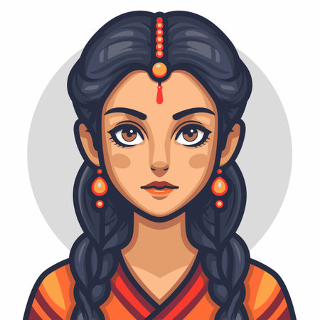 Indian girl with long braids. Vector illustration in cartoon style.のイラスト素材