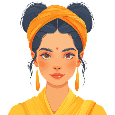 Beautiful Indian woman with orange headscarf. Vector illustration.のイラスト素材