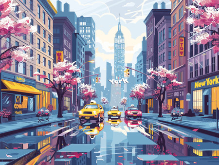 New York City street view with skyscrapers and colorful cherry blossom. Vector illustrationのイラスト素材