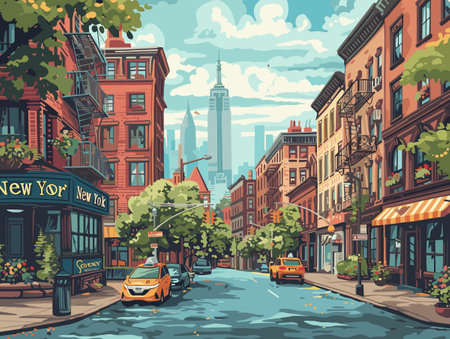 Street view of New York City, USA. Vector illustration in cartoon styleのイラスト素材