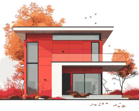 Modern house with red facade in autumnal landscape. Vector illustration.のイラスト素材