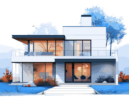 Modern cozy house with garage and pool for sale or rent. Vector illustration.のイラスト素材