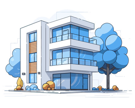 Modern apartment building on the street. Vector illustration in flat style.のイラスト素材