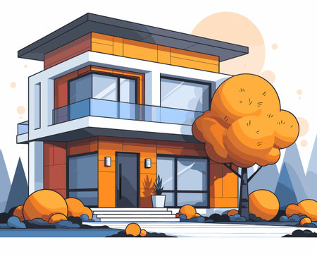 Modern house in autumn season. Vector illustration of a cartoon style.のイラスト素材