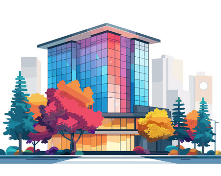 Modern office building on the background of the autumn park. Vector illustrationのイラスト素材