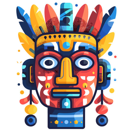 A colorful face with feathers on top of it. The face is smiling and has a tribal look. Vector illustration Brazilian styleのイラスト素材
