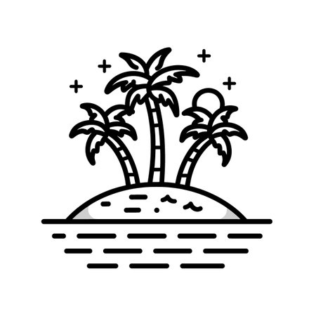 A black and white drawing of a palm tree island with a sunset in the background. The drawing is simple and minimalistic, with the palm trees and the water creating a serene and peaceful atmosphereのイラスト素材