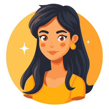 A woman with long black hair and a yellow shirt. She is smiling and has a star on her head. Vector illustration Brazilian styleのイラスト素材