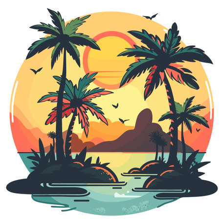 A beautiful painting of a tropical beach with palm trees Vector illustration Brazilian styleのイラスト素材