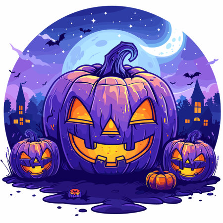 A Halloween scene with smaller pumpkins with a castle in the backgroundのイラスト素材