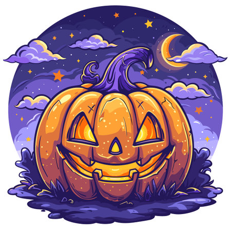 A autumn postcard design for Scary Halloween with Cute characters. Horror story Trick-or-treating. Colorful Vector illustration for flyer and social media post.のイラスト素材