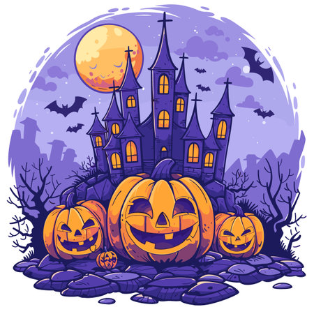 A autumn postcard design for Scary Halloween with Cute characters. Horror story Trick-or-treating. Colorful Vector illustration for flyer and social media post.のイラスト素材