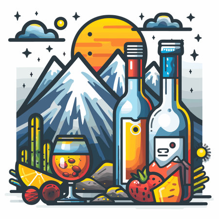 A mountain range is shown with a bottle of wine and a glass of wine. The wine bottle is on the right side of the image and the glass is on the left sideのイラスト素材
