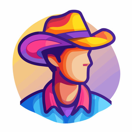 A man wearing a cowboy hat and a blue shirt. The hat is yellow and purpleのイラスト素材