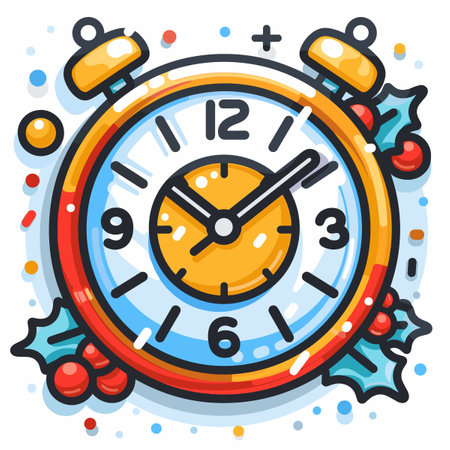 Vector illustration with a cartoon Christmas clock. Merry Christmas and Happy New Year greeting card.のイラスト素材