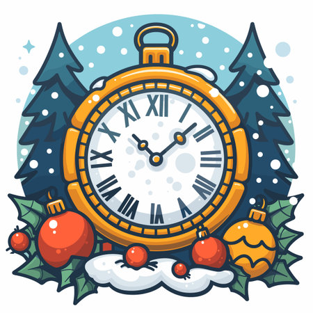Vector illustration with a cartoon Christmas clock. Merry Christmas and Happy New Year greeting card.のイラスト素材