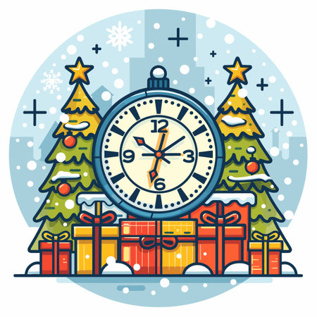 Vector illustration with a cartoon Christmas clock. Merry Christmas and Happy New Year greeting card.のイラスト素材