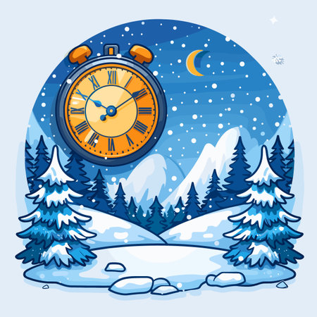 Vector illustration with a cartoon Christmas clock. Merry Christmas and Happy New Year greeting card.のイラスト素材