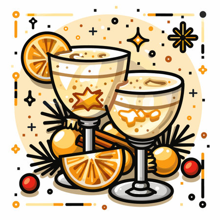 Merry Christmas and Happy New Year greeting card. Drinks for the New Year in beautiful glasses and decor.のイラスト素材