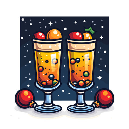 Merry Christmas and Happy New Year greeting card. Drinks for the New Year in beautiful glasses and decor.のイラスト素材