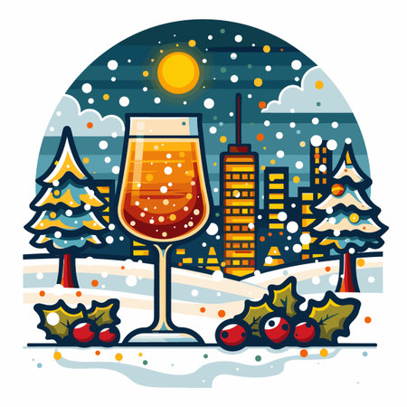 Merry Christmas and Happy New Year greeting card. Drinks for the New Year in beautiful glasses and decor.のイラスト素材
