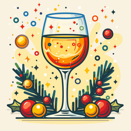 Merry Christmas and Happy New Year greeting card. Drinks for the New Year in beautiful glasses and decor.のイラスト素材