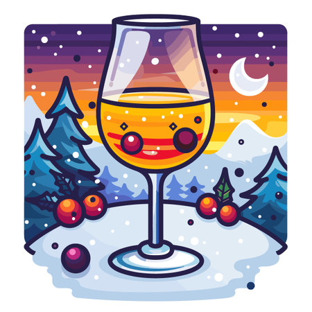 Merry Christmas and Happy New Year greeting card. Drinks for the New Year in beautiful glasses and decor.のイラスト素材