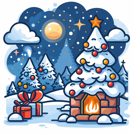 Christmas tree with gift boxes. Merry Christmas and Happy New Year greeting card.のイラスト素材