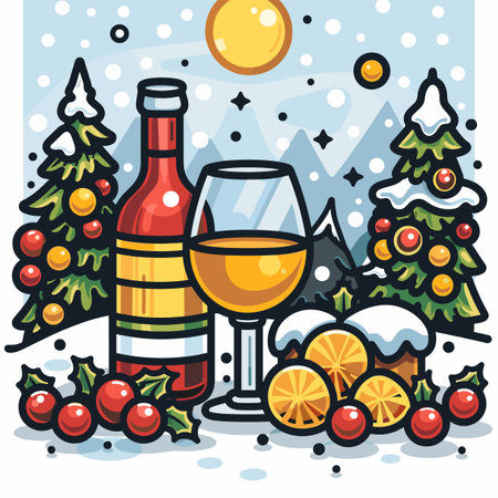 Merry Christmas and Happy New Year greeting card. Drinks for the New Year in beautiful glasses and decor.のイラスト素材