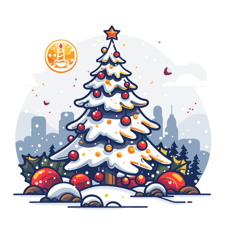 Christmas tree with gift boxes. Merry Christmas and Happy New Year greeting card.のイラスト素材