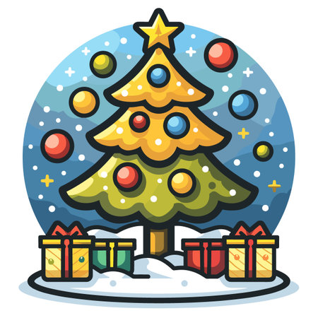 Christmas tree with gift boxes. Merry Christmas and Happy New Year greeting card.のイラスト素材