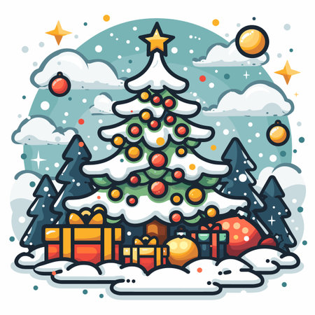 Christmas tree with gift boxes. Merry Christmas and Happy New Year greeting card.のイラスト素材