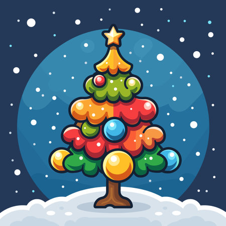 A colorful Christmas tree with many ornaments is shown against a blue sky. The tree is decorated with a variety of ornaments, including a star on top. Scene is festive and joyfulのイラスト素材