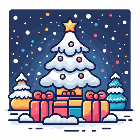 Christmas tree with gift boxes. Merry Christmas and Happy New Year greeting card.のイラスト素材