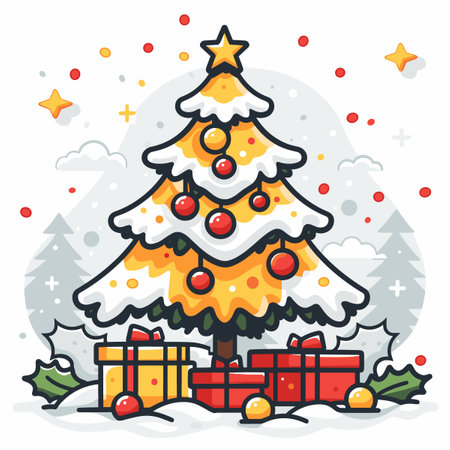 Christmas tree with gift boxes. Merry Christmas and Happy New Year greeting card.のイラスト素材