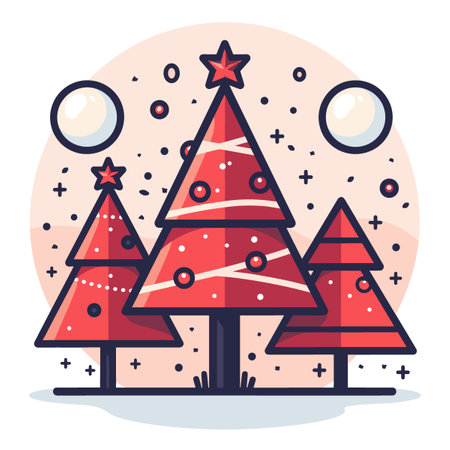 Three red trees with a star on top and a snowflake on the bottom. The trees are surrounded by a white backgroundのイラスト素材