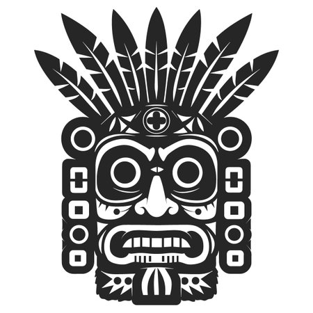 A black and white drawing of a man with a feather headdress. The man has a serious expression on his face Latino American styleのイラスト素材