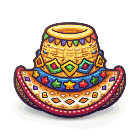 A colorful hat with a red band and a yellow brim. The hat is decorated with stars and other colorful designs Latino American styleのイラスト素材