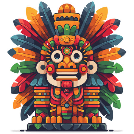 A vibrant, cheerful, and smiling face with a colorful headdress. The face is grinning and the headdress is adorned with a variety of colorful feathers. Scene is lively and joyful Latino American styleのイラスト素材