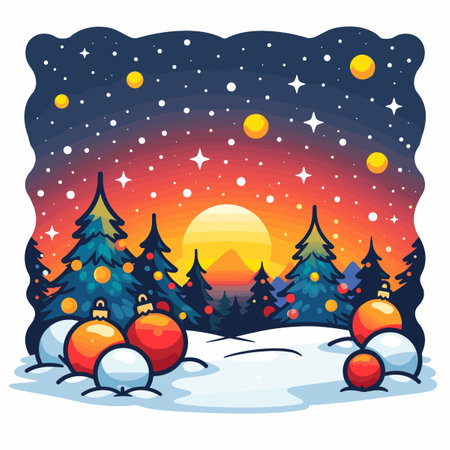 A Christmas scene with a sunset in the background. There are many trees and a few ornaments on themのイラスト素材