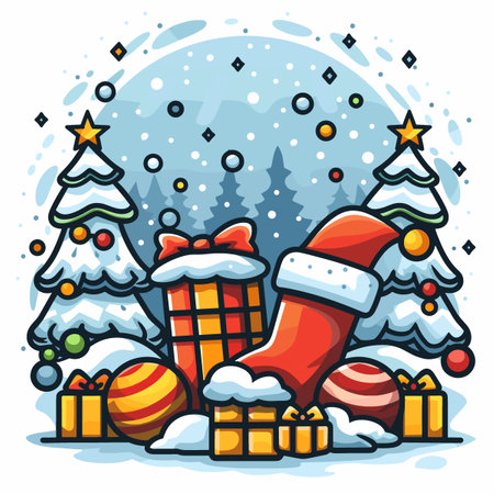 A Christmas scene with a red Santa Claus stocking and a tree with a star on top. The scene is filled with various decorations, including a large number of balls and presentsのイラスト素材
