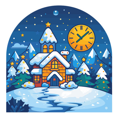 A house with a clock on the wall and a star on the roof. The house is surrounded by trees and snowのイラスト素材