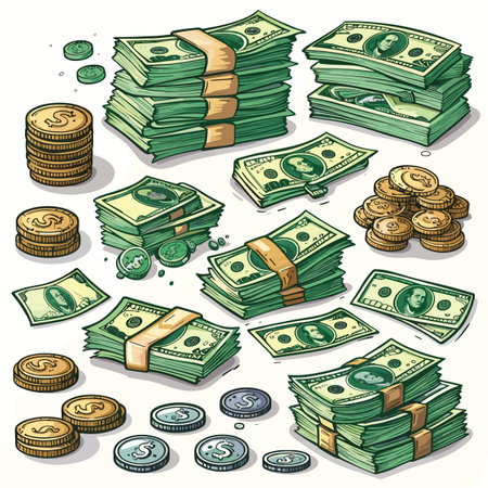 A collection of green bills and coins. Concept of wealth and abundanceのイラスト素材