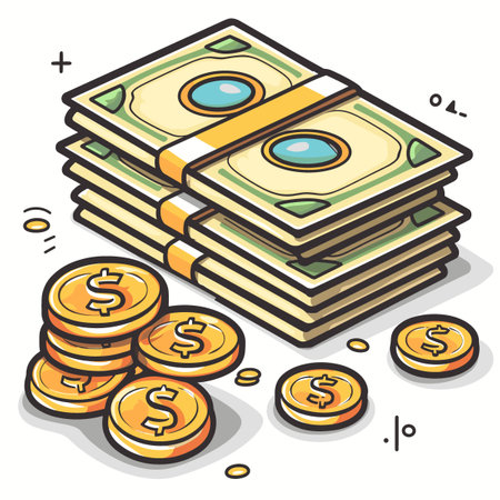 A stack of money and coins with a dollar sign on the bottom. Concept of wealth and abundanceのイラスト素材