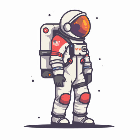 A cartoon astronaut is standing in front of a starry background. The astronaut is wearing a white suit and has red stripes on his legs. Concept of adventure and explorationのイラスト素材
