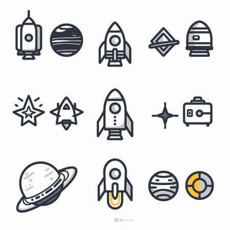 A set of space-themed icons including a rocket, a suitcase, and a star. The icons are all in black and white and are arranged in a gridのイラスト素材