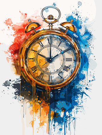 A colorful clock with roman numerals showing the time as 10:30. The clock is surrounded by splatters...