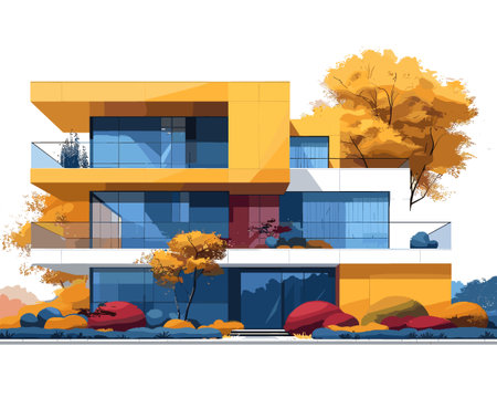 Modern apartment building in autumn season. Vector illustration in flat style.のイラスト素材
