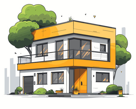 Modern house with trees and bushes. Vector illustration in flat style.のイラスト素材